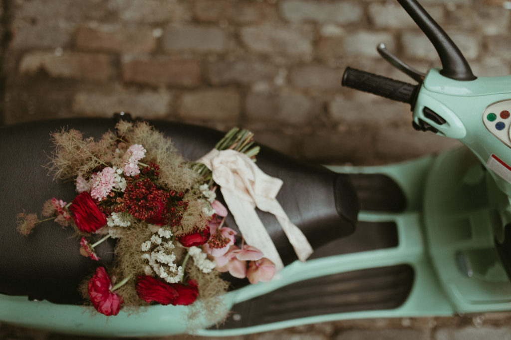 brooklyn elopement in dumbo, flowers on vespa