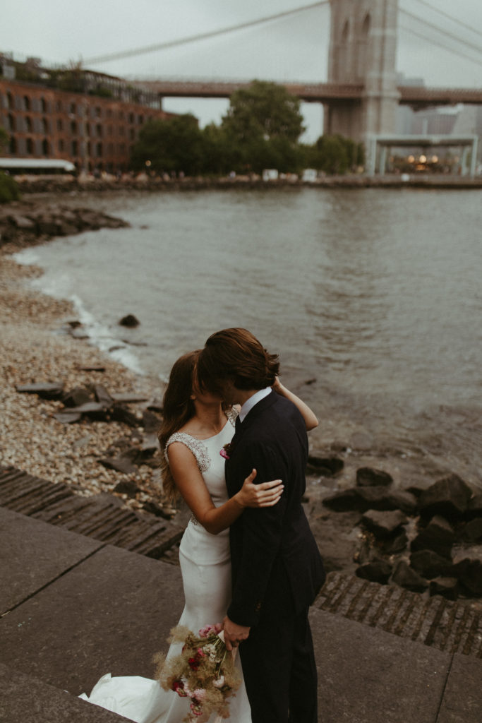brooklyn bridge park elopement, nyc moody photographer, brooklyn bridge in background of couples photos