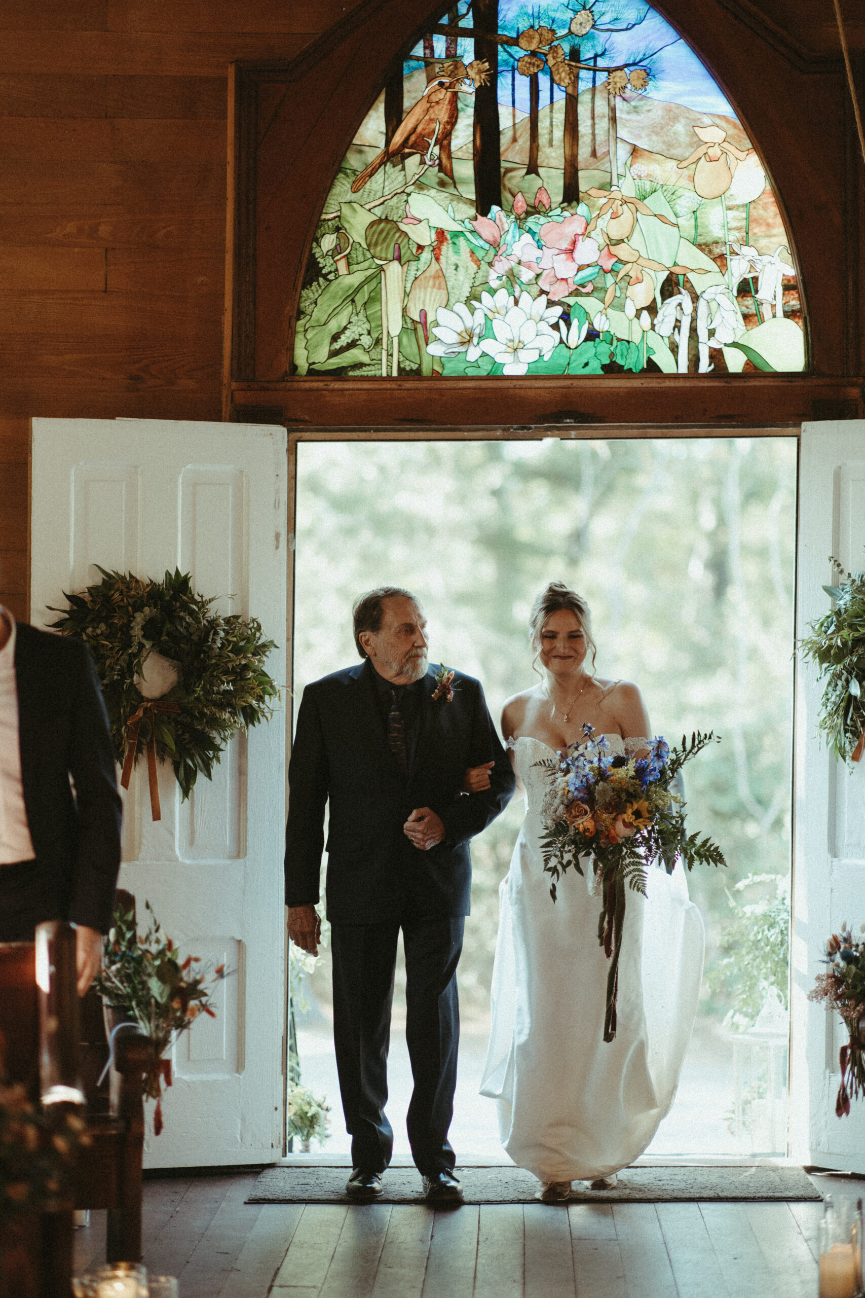 documentary wedding photos in NC at orion schoolhouse and chapel, indoor wedding ceremony