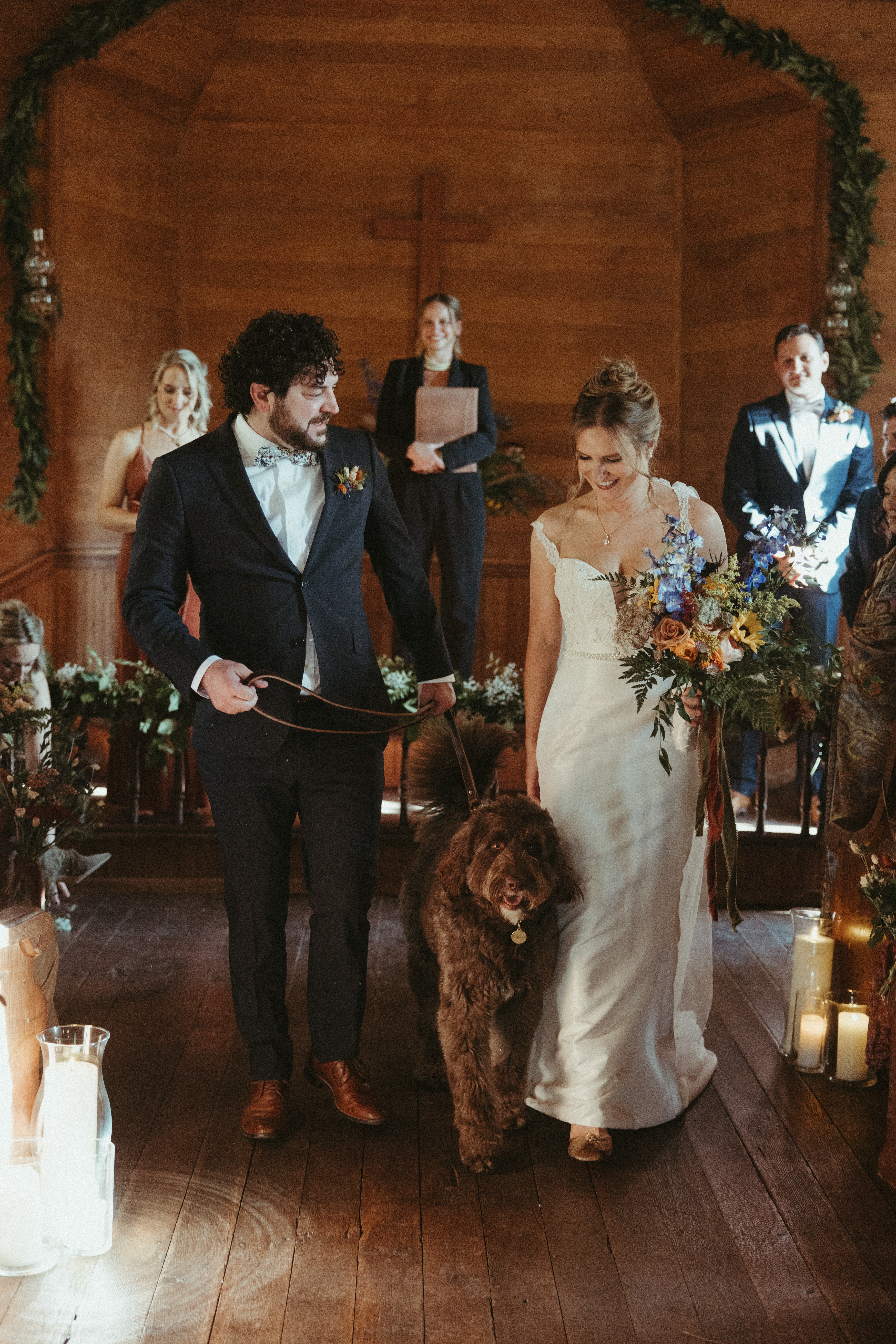 documentary wedding photos in NC at orion schoolhouse and chapel, bride and groom walking out of the wedding ceremony