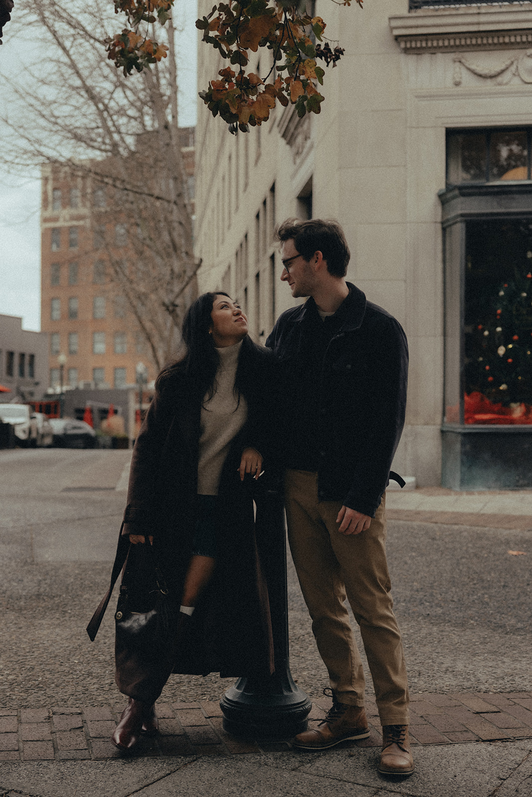downtown asheville engagement session during winter, fall engagement session outfit inspo