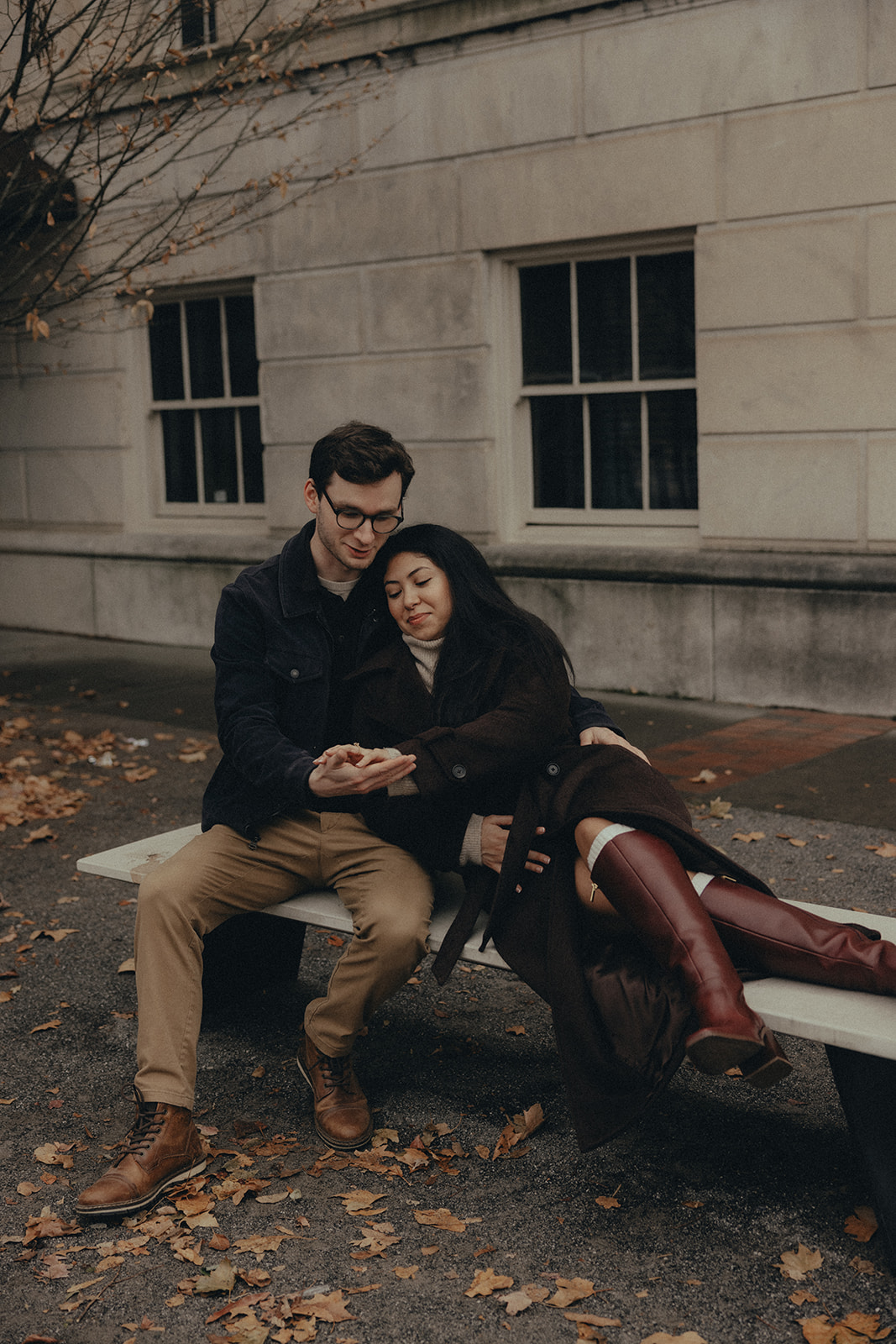 downtown asheville engagement session during winter, fall engagement session outfit inspo