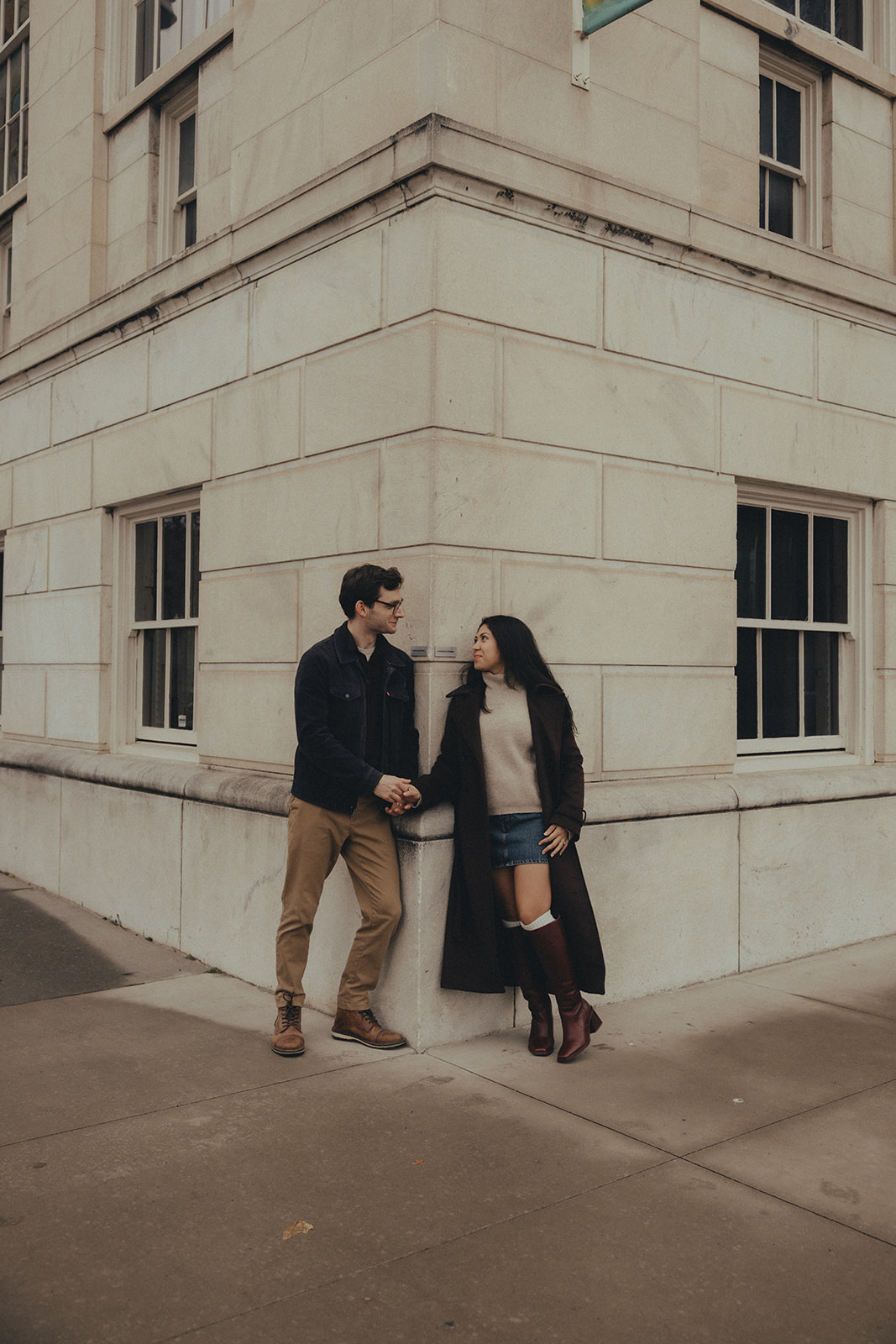 downtown asheville engagement session during winter, fall engagement session outfit inspo