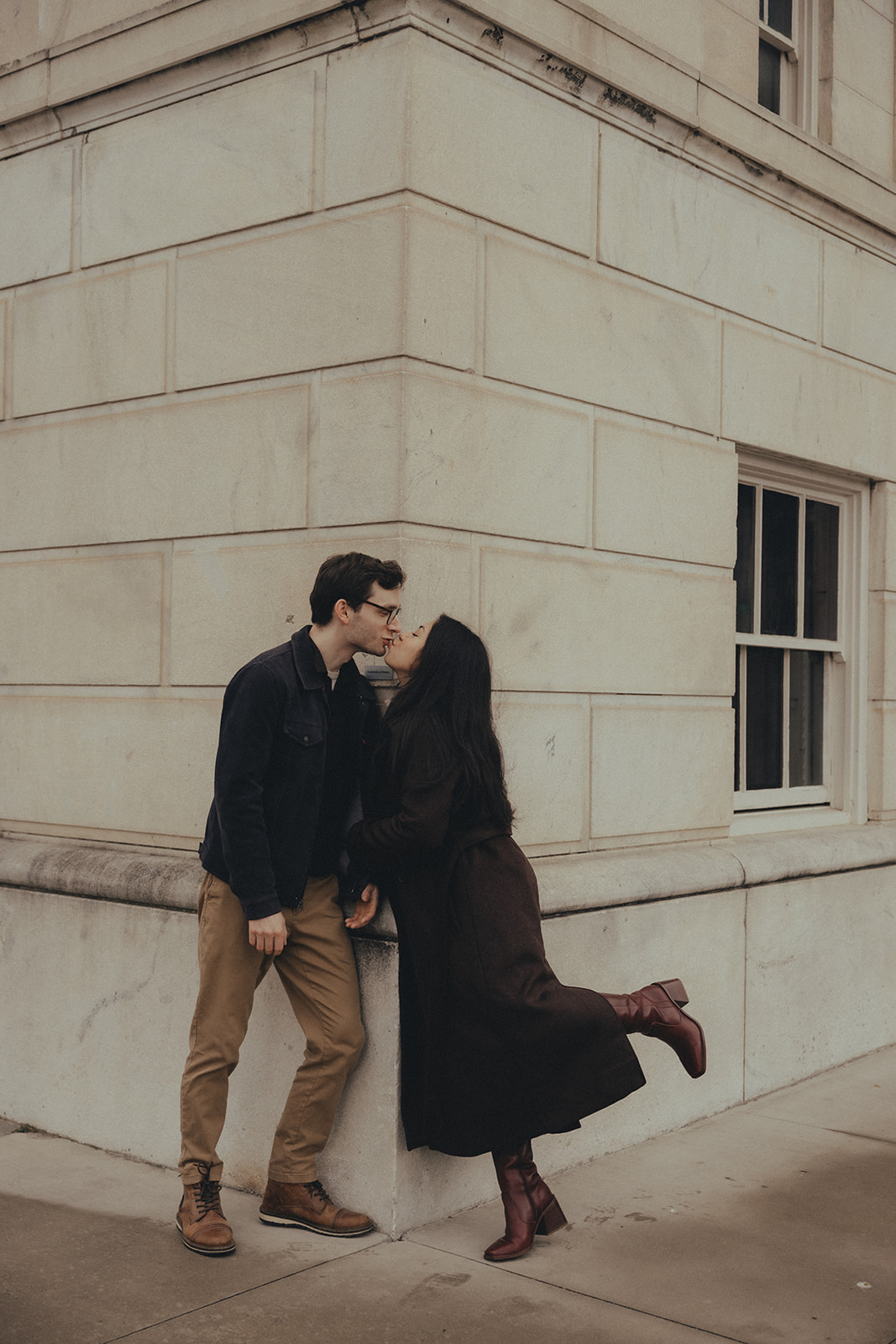downtown asheville engagement session during winter, fall engagement session outfit inspo