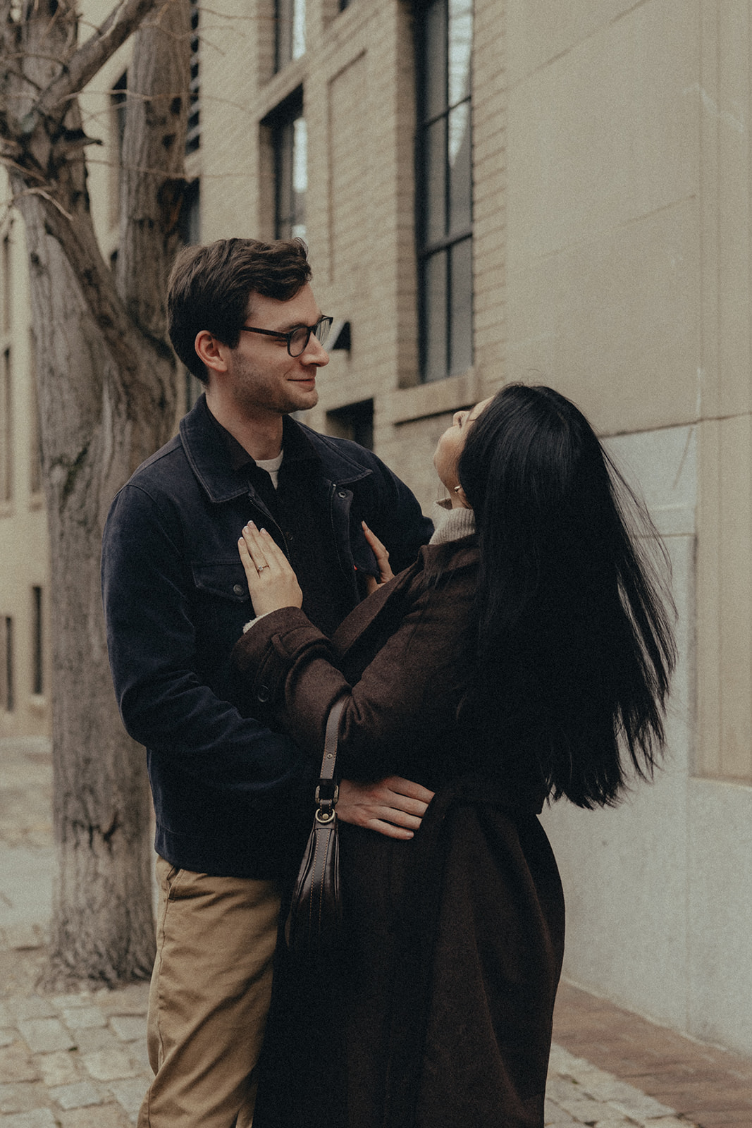 downtown asheville engagement session during winter, fall engagement session outfit inspo