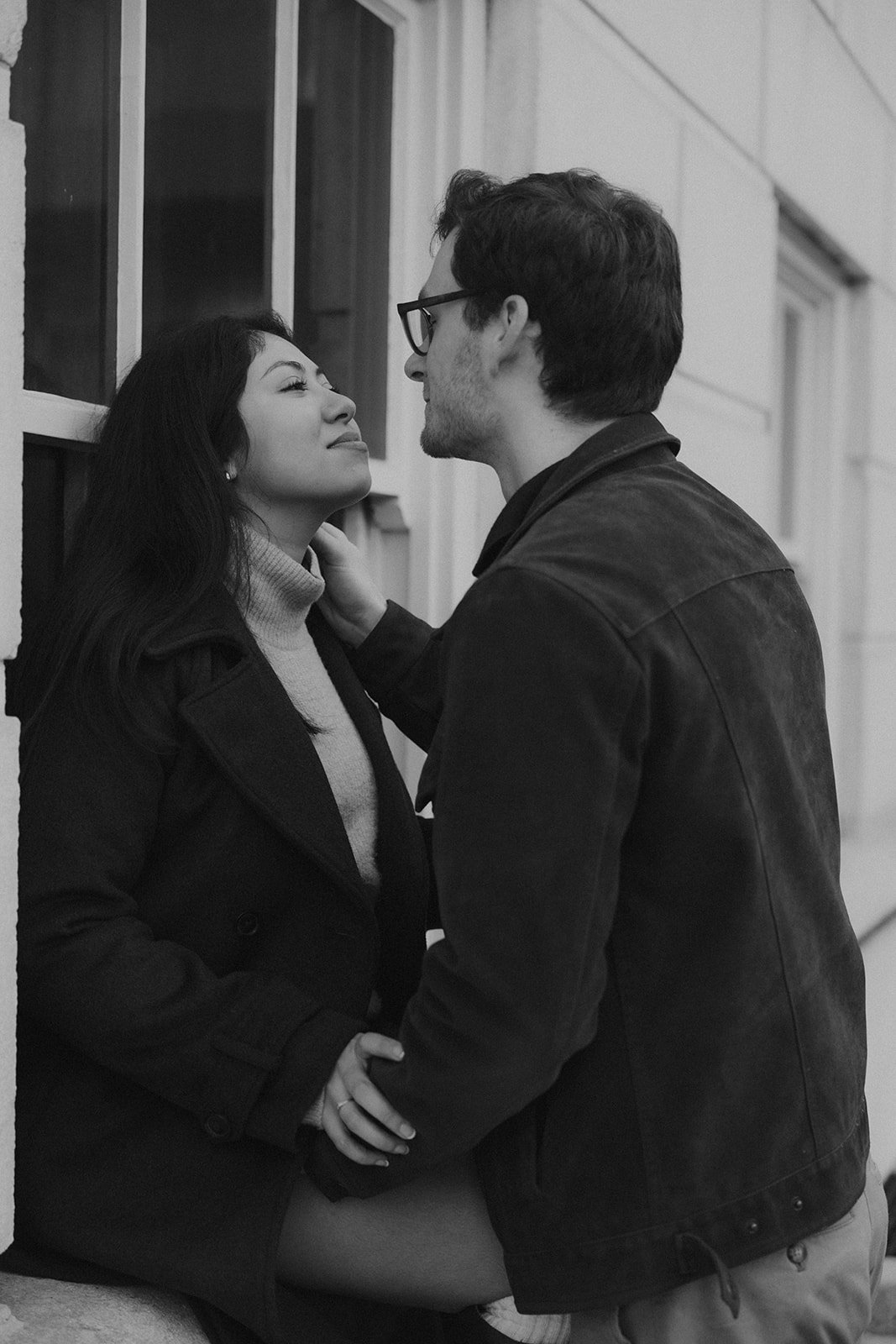 downtown asheville engagement session during winter, fall engagement session outfit inspo