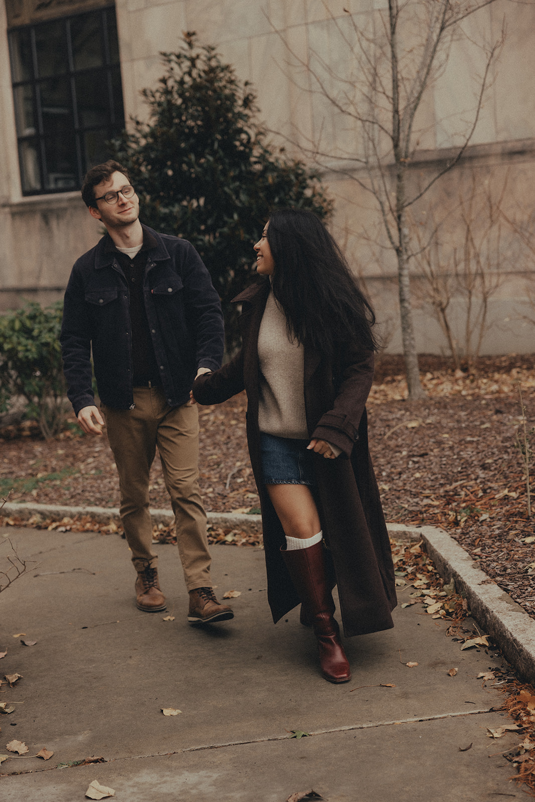 downtown asheville engagement session during winter, fall engagement session outfit inspo