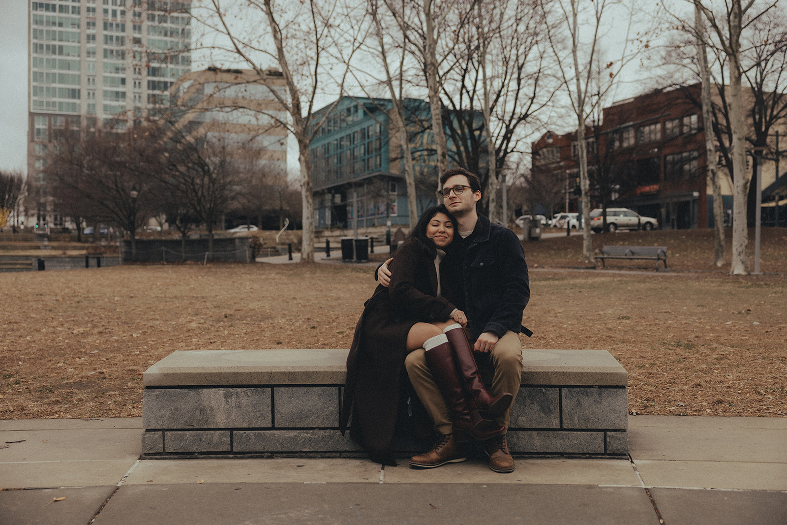 downtown asheville engagement session during winter, fall engagement session outfit inspo
