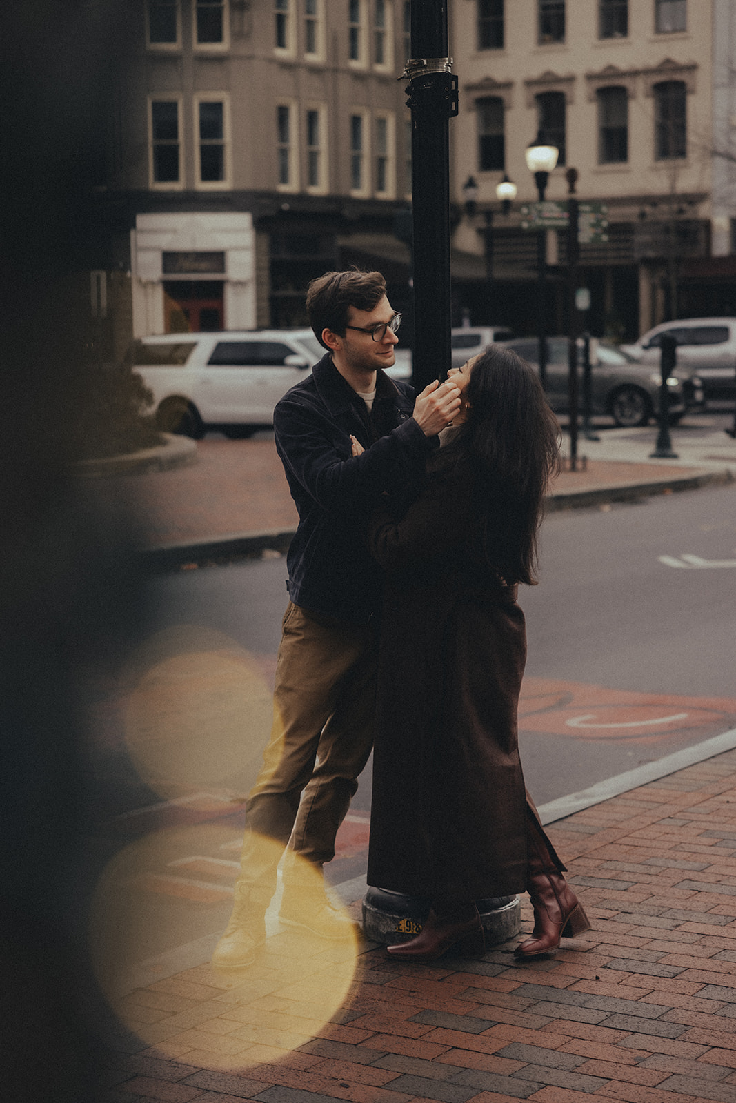downtown asheville engagement session during winter, fall engagement session outfit inspo