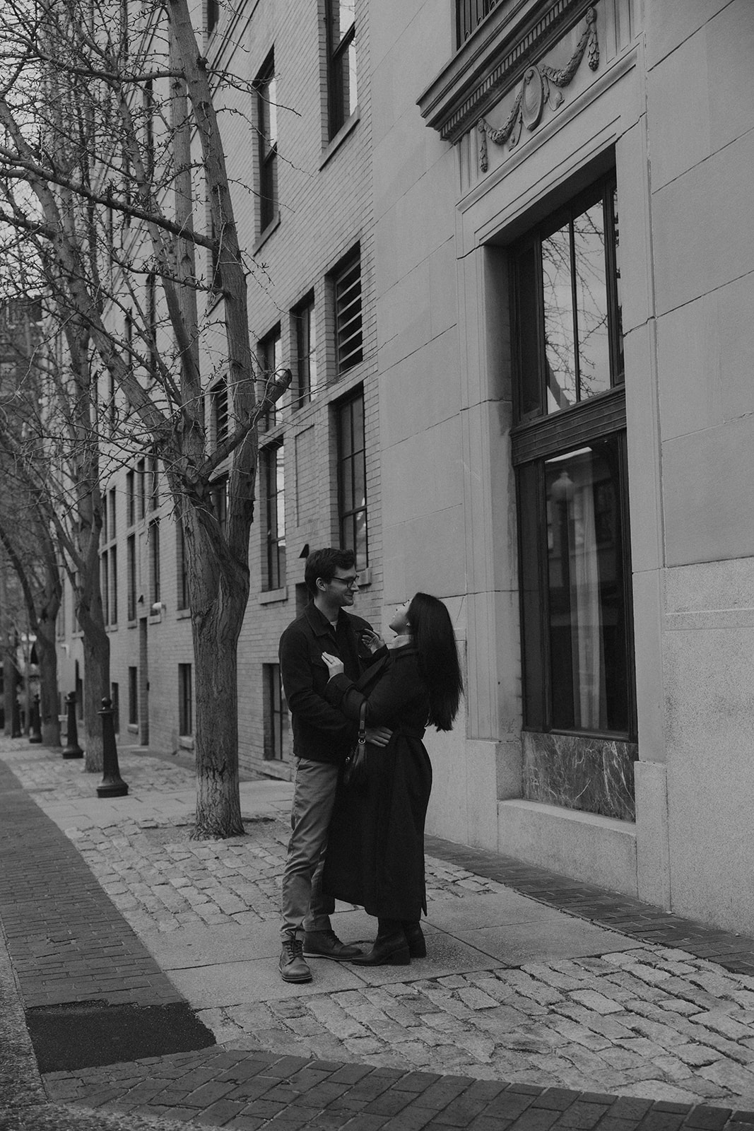 downtown asheville engagement session during winter, fall engagement session outfit inspo