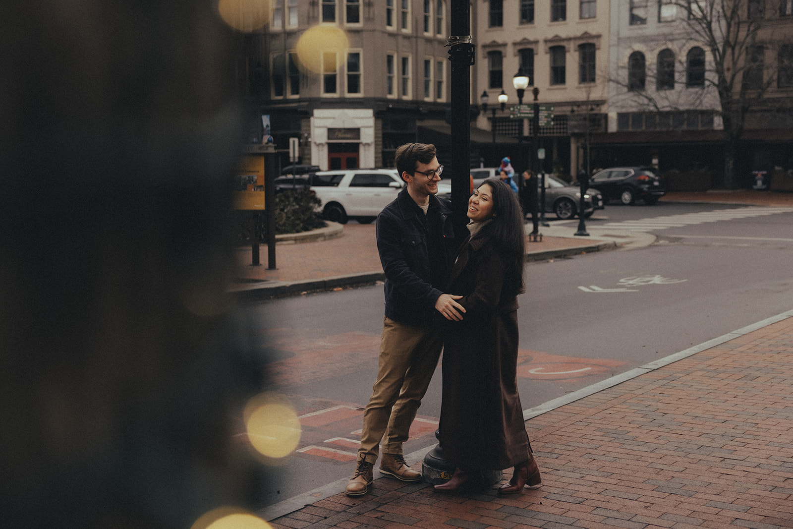 downtown asheville engagement session during winter, fall engagement session outfit inspo