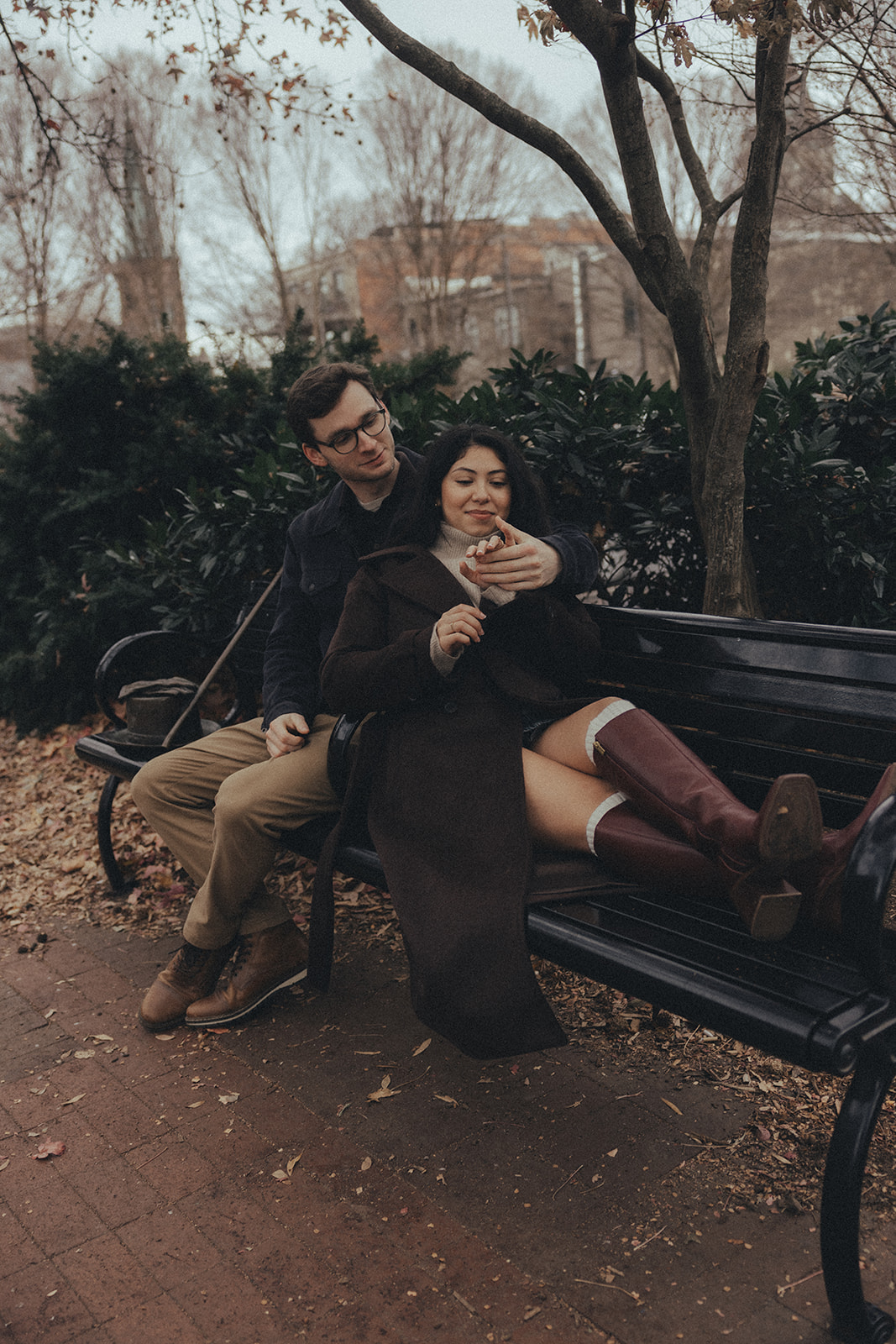 downtown asheville engagement session during winter, fall engagement session outfit inspo