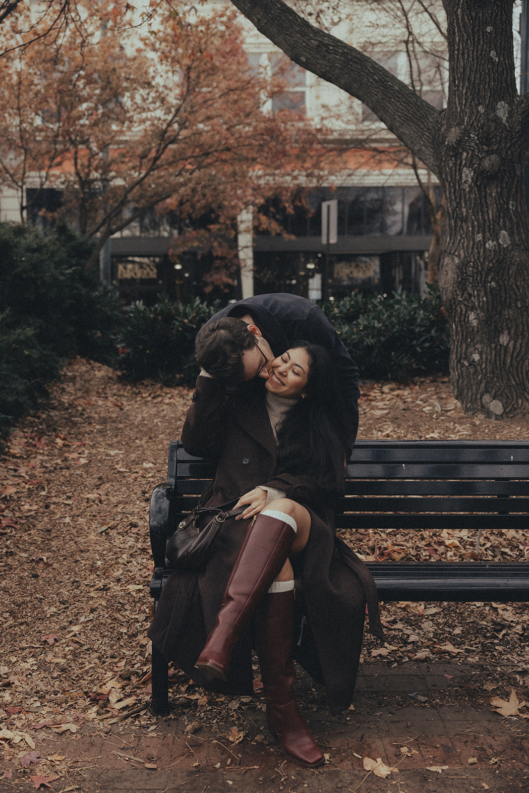 downtown asheville engagement session during winter, fall engagement session outfit inspo