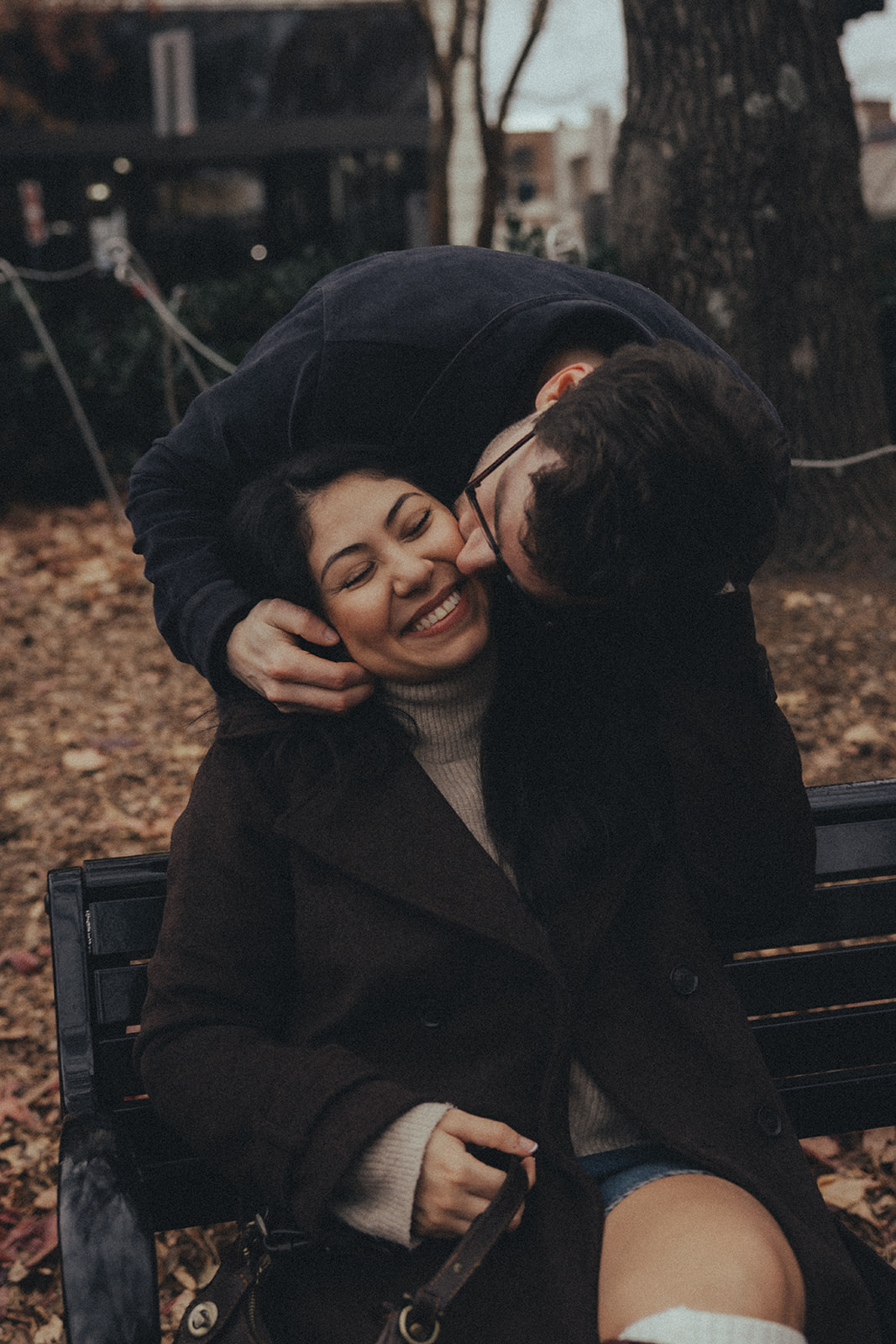 downtown asheville engagement session during winter, fall engagement session outfit inspo