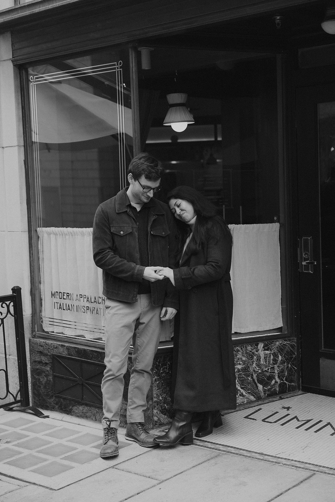 downtown asheville engagement session during winter, fall engagement session outfit inspo