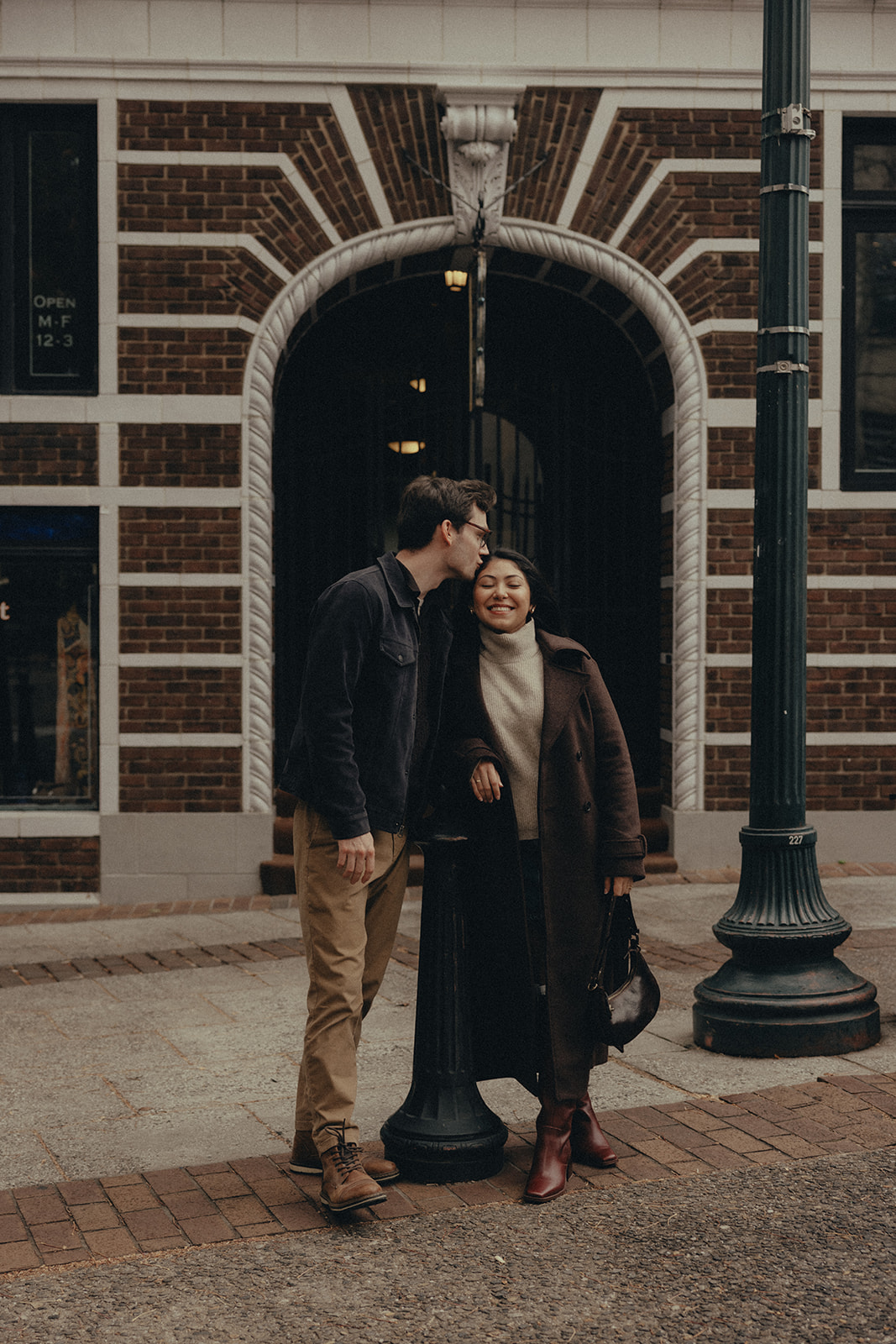 downtown asheville engagement session during winter, fall engagement session outfit inspo