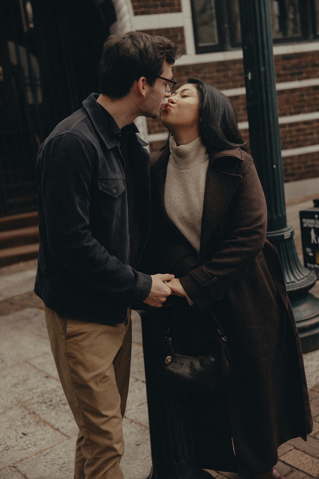 downtown asheville engagement session during winter, fall engagement session outfit inspo