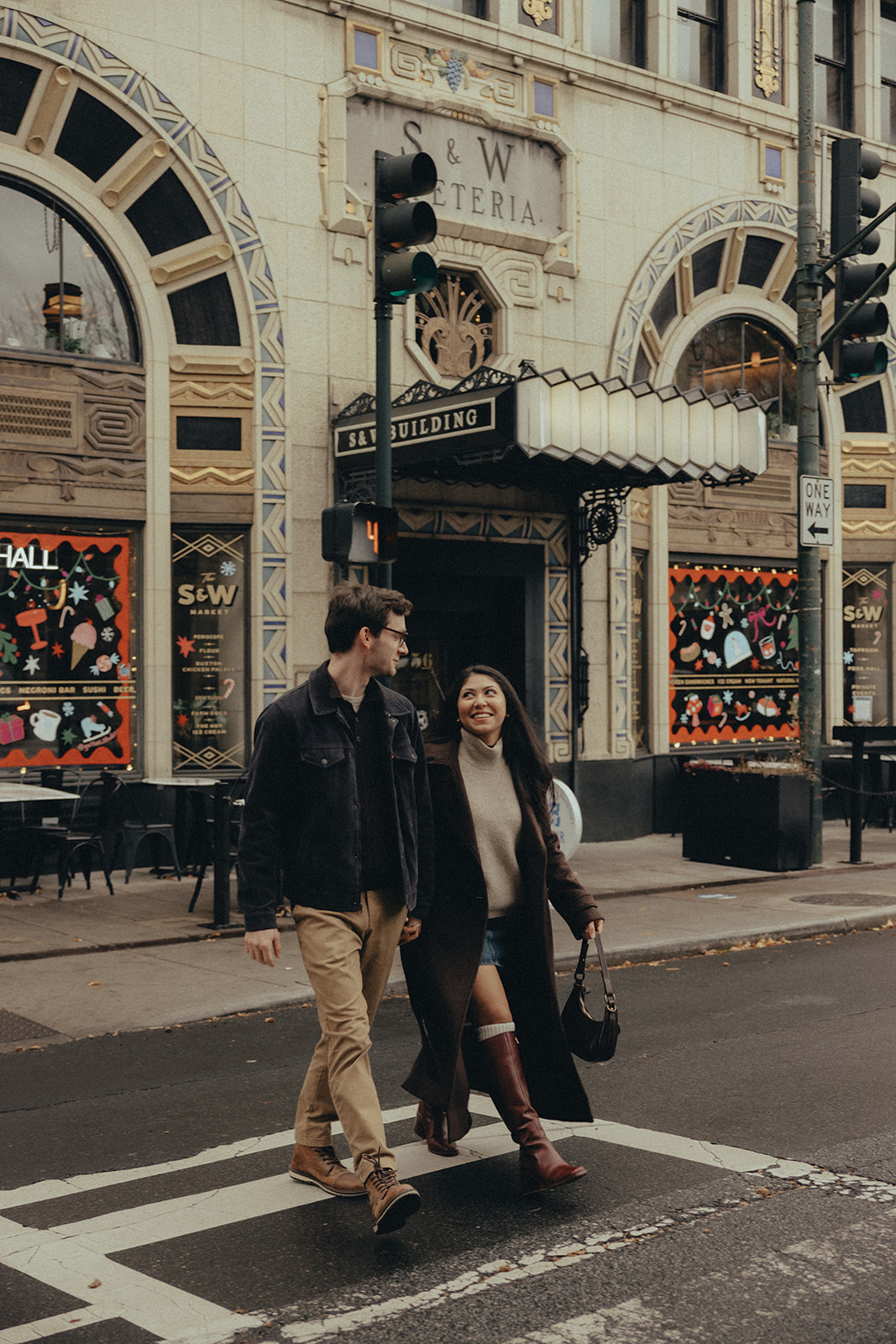 downtown asheville engagement session during winter, fall engagement session outfit inspo